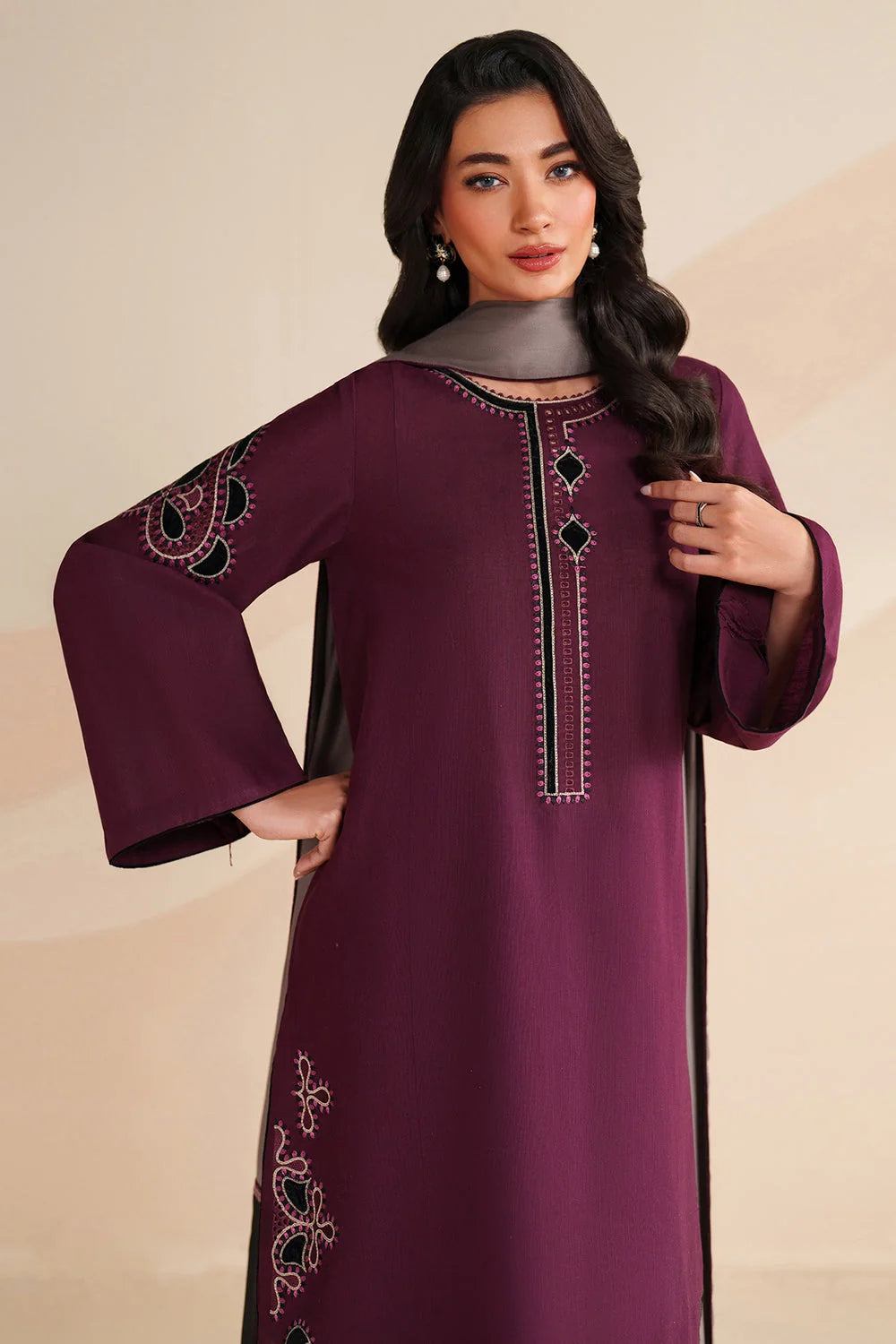 Unstitched Embroidered Dhanak Suit With Embroidered Dhanak Shawl