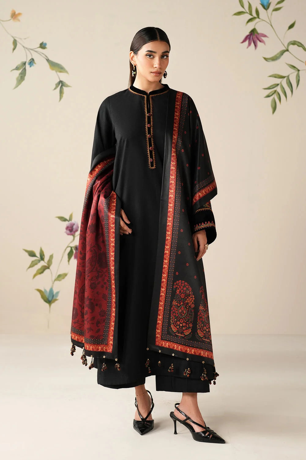 BQ-145 Unstitched Fully Embroidered Dhanak Suit With Printed Shawl