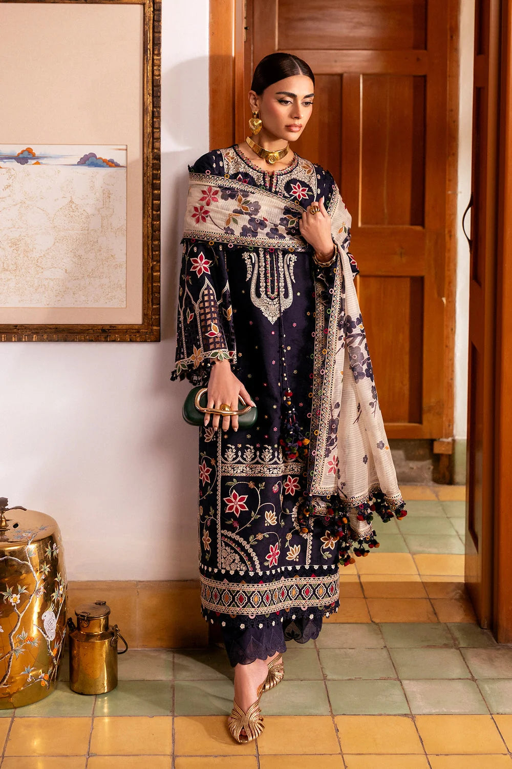 JZ-3140 Dhanak Unstitched Fully Embroidered Suit With Printed Blended Shawl