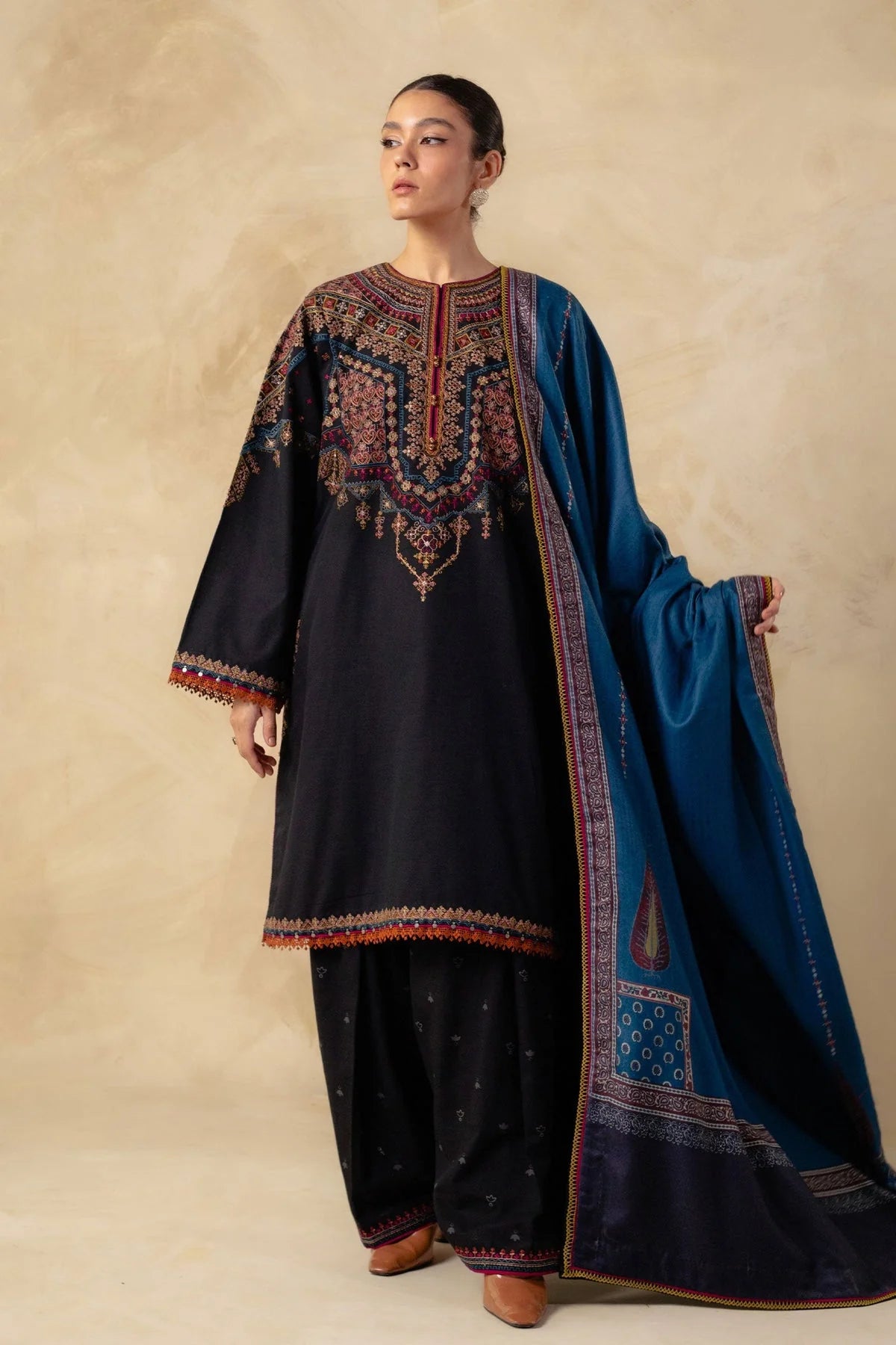 ZS-3150 Unstitched Fully Embroidered Suit With Printed Blended Shawl