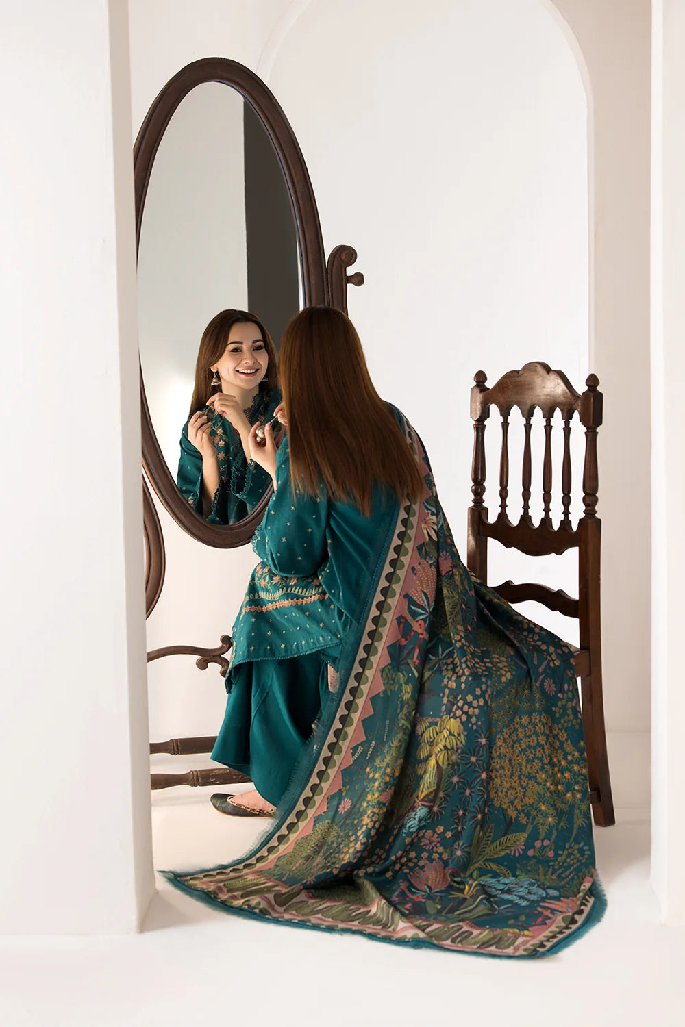 SN-61 Dhanak Embroidered Suit With Digital Printed Wool Shawl