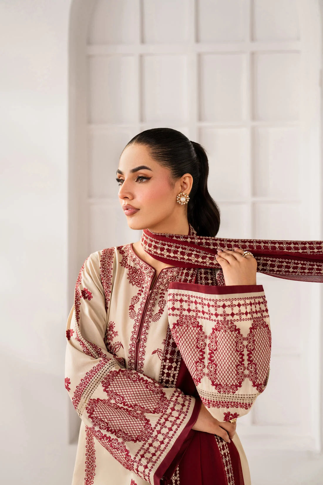 BQ-2950 Unstitched Heavy Embroidered Dhanak Suit With Embroidered Dhanak Shawl