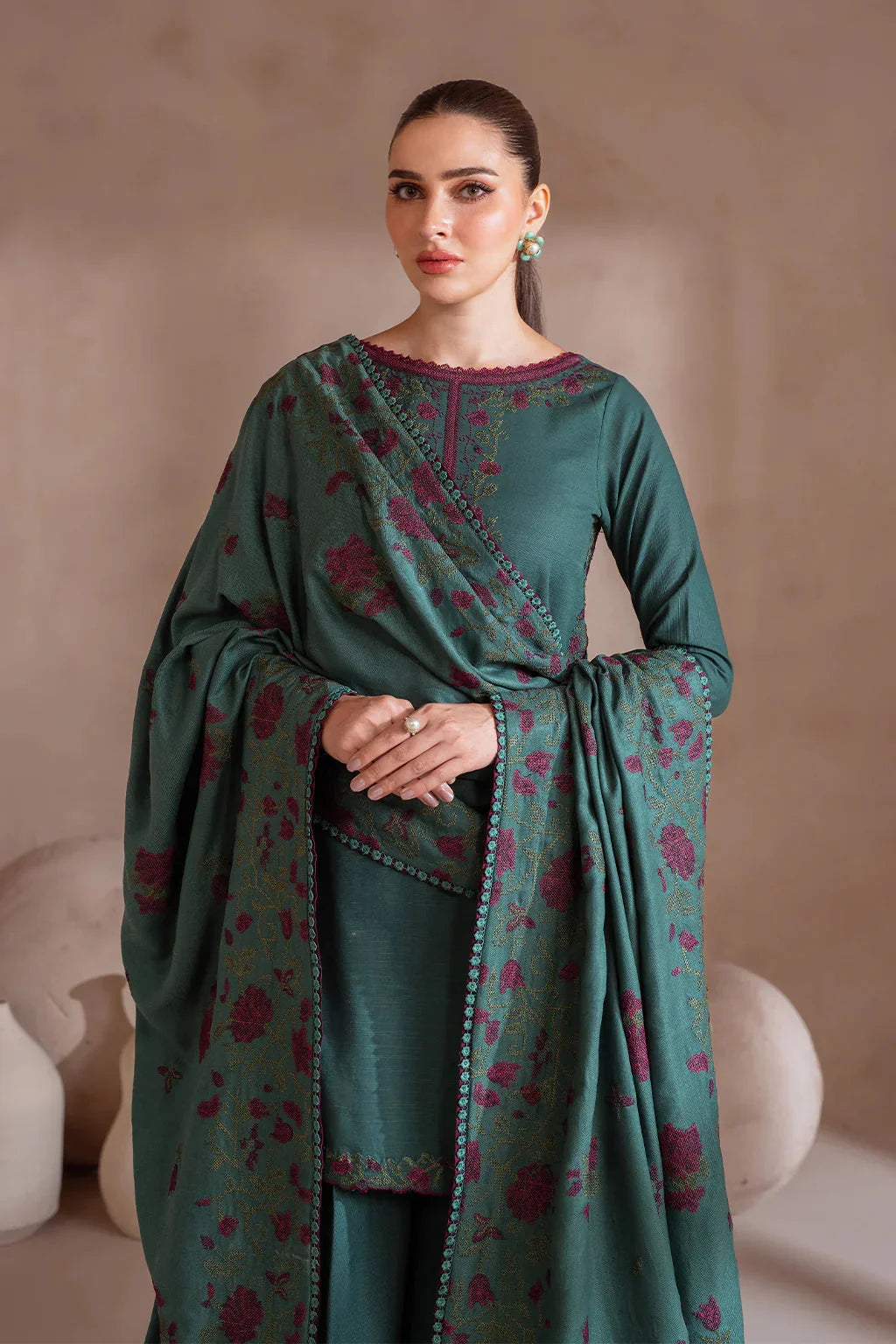 IZ-2925 Unstitched Embroidered Dhanak Suit With Dhanak Embroidered Shawl