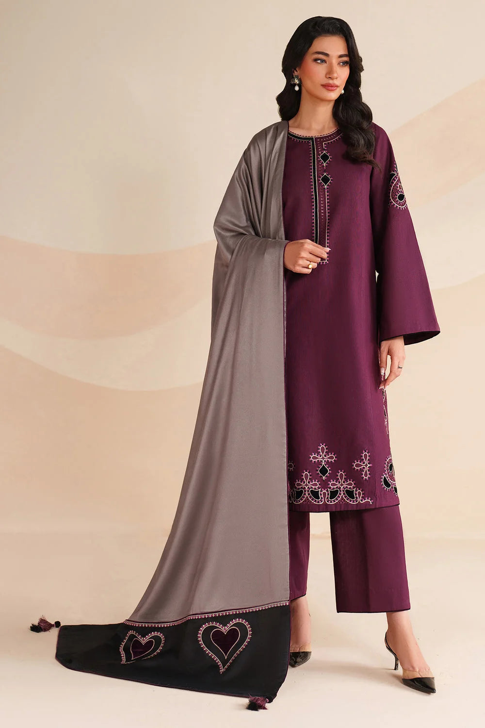 Unstitched Embroidered Dhanak Suit With Embroidered Dhanak Shawl
