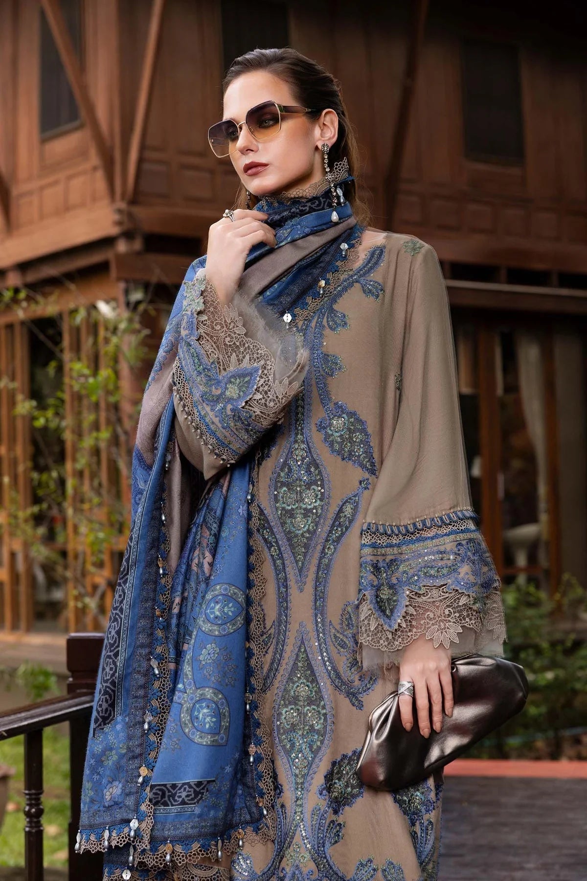 MB-3050 Unstitched Heavy Embroidered Dhanak Suit With Printed Wool Shawl