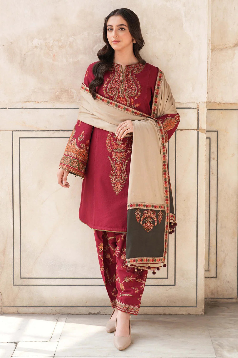 JZ-3100 Unstitched Fully Embroidered Dhanak Suit With Embroidered Dhanak Shawl