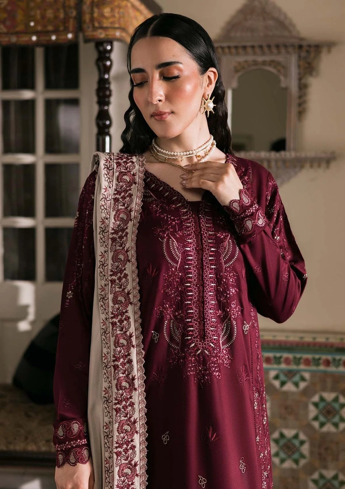 NR-2975 Unstitched Embroidered Dhanak Suit With Embroidered Dhanak Shawl
