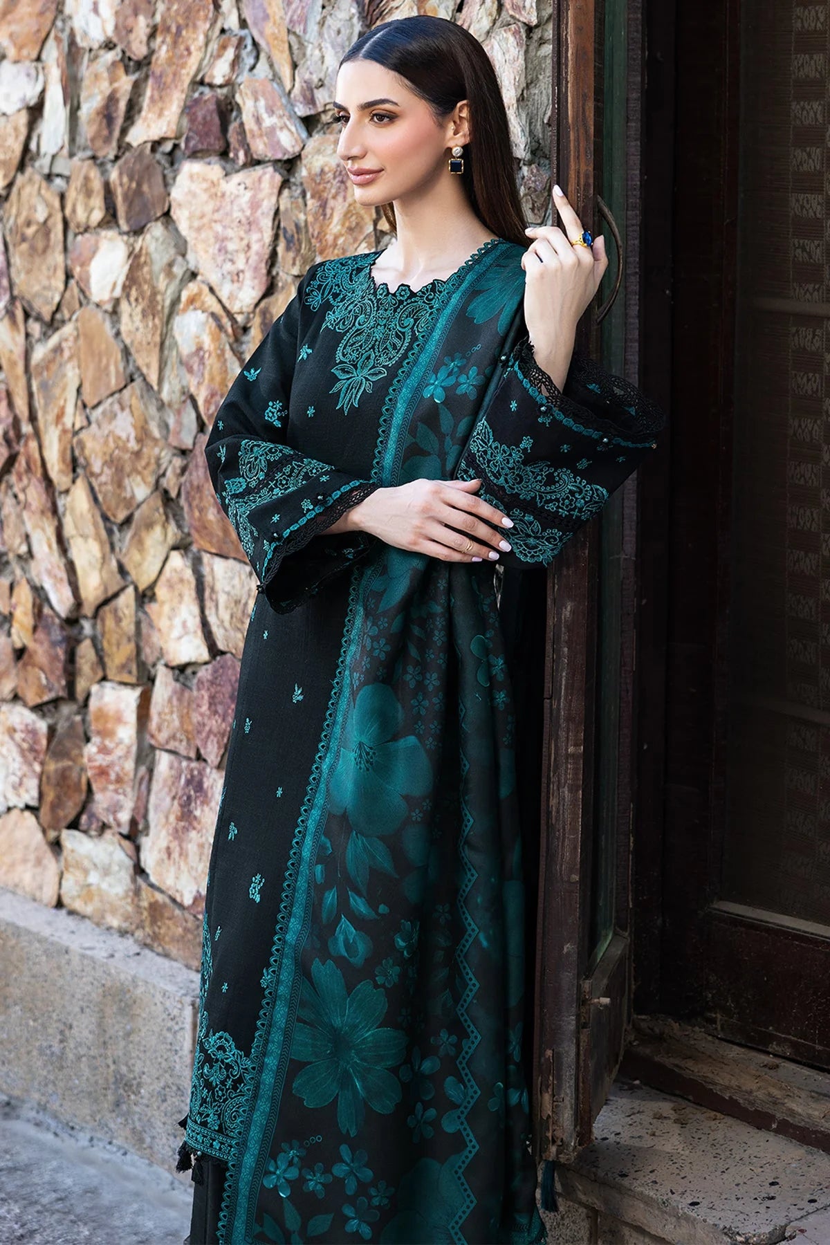 BQ-150 Unstitched Fully Embroidered Dhanak Suit With Printed Shawl