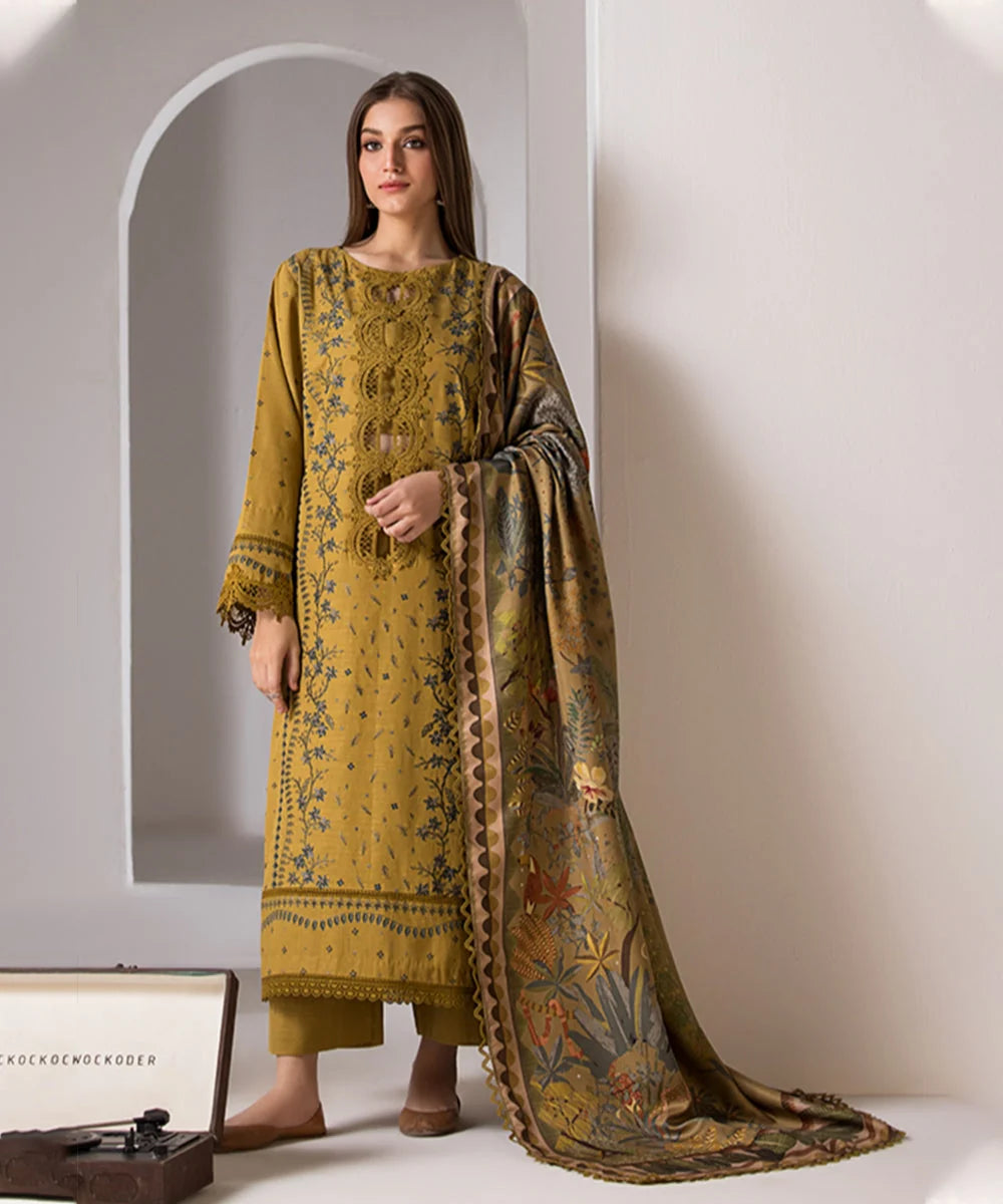 SN-59 Dhanak Embroidered Suit With Digital Printed Wool Shawl