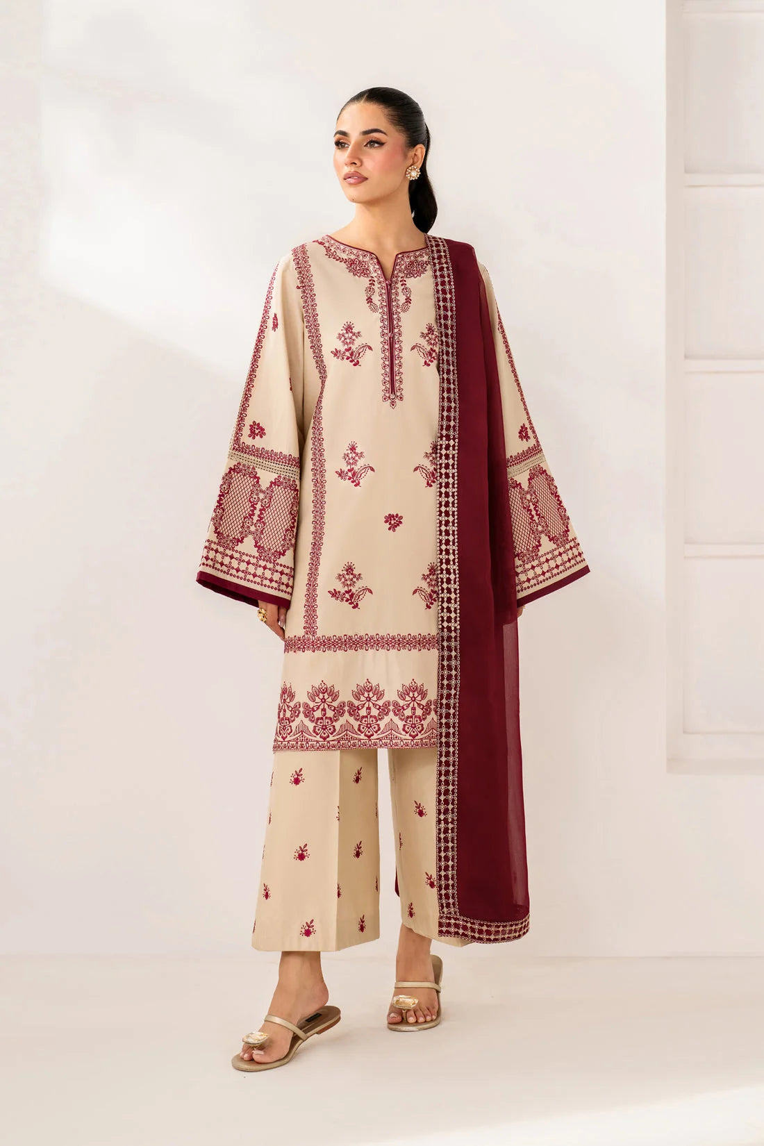 BQ-2950 Unstitched Heavy Embroidered Dhanak Suit With Embroidered Dhanak Shawl