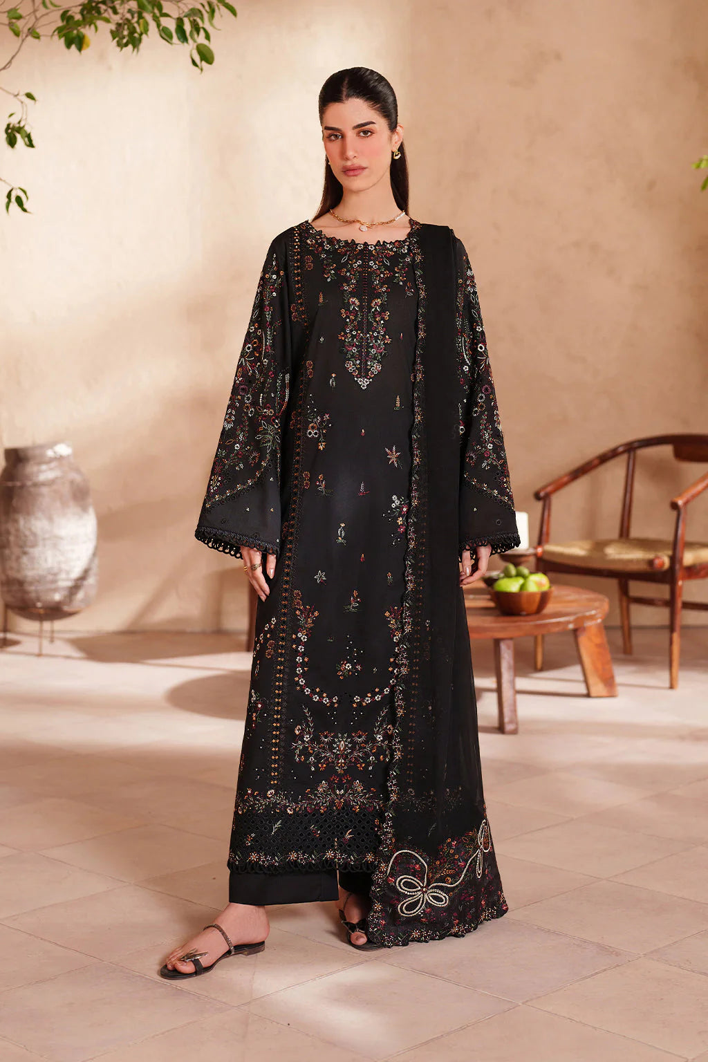 Unstitched Fully Embroidered Lawn Suit With Chiffon (4 Sided Embroidered Lace) Embroidered Dupatta