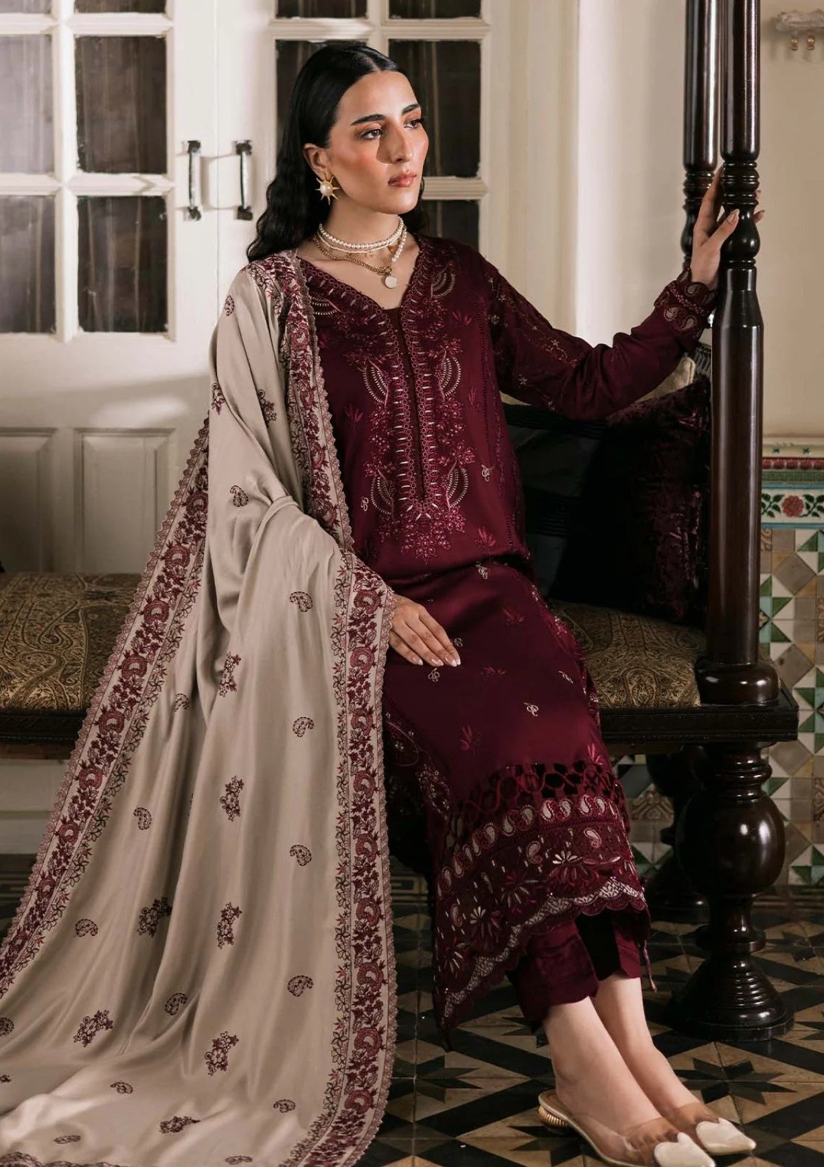 NR-2975 Unstitched Embroidered Dhanak Suit With Embroidered Dhanak Shawl