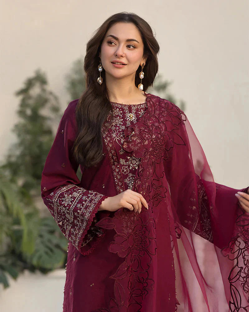 QL-2685 3 Piece -Unstitched Fully Embroidered Lawn Fabric Embroidered Organza Dupatta