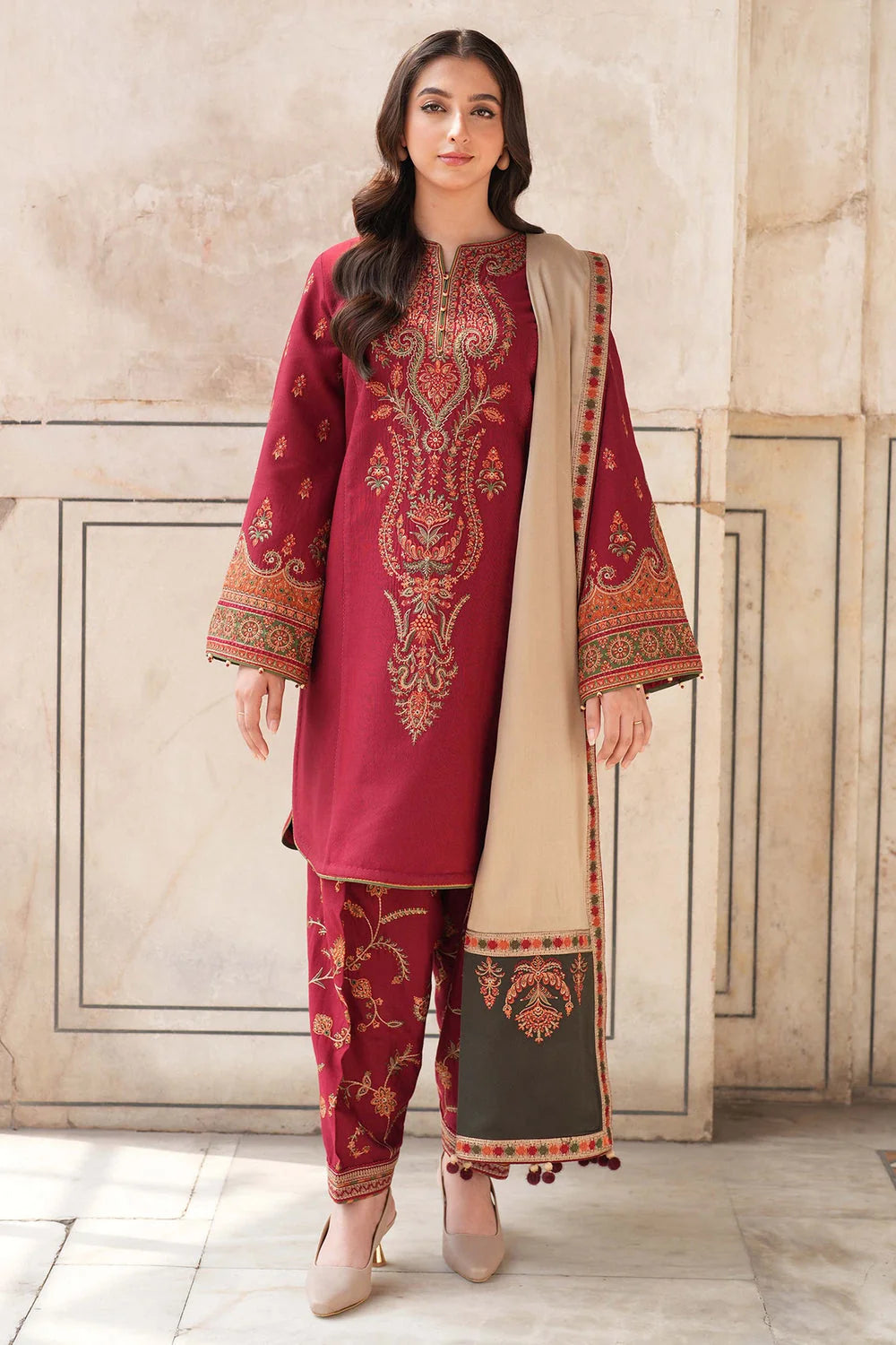 JZ-3100 Unstitched Fully Embroidered Dhanak Suit With Embroidered Dhanak Shawl