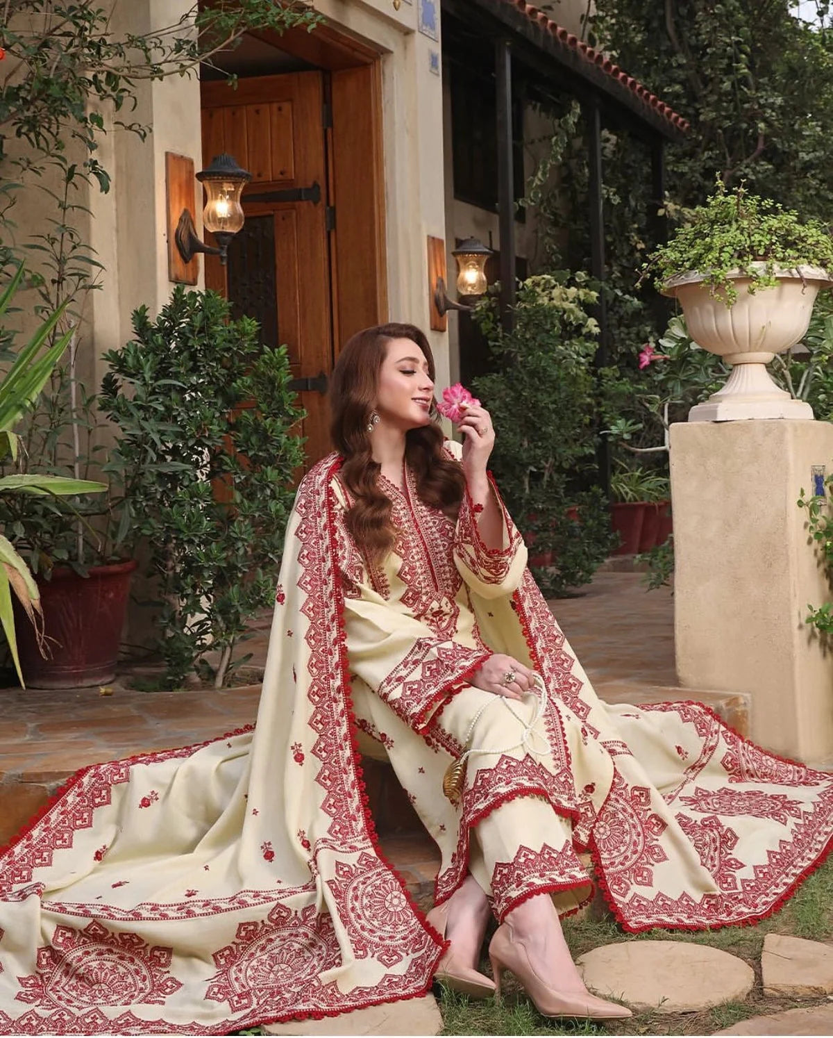 Unstitched Fully Embroidered Dhanak Suit With Embroidered Dhanak Shawl