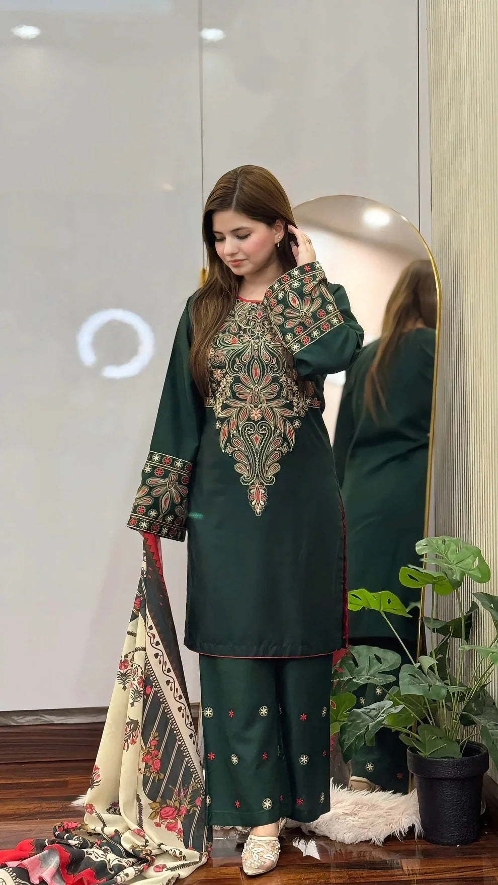 BQ-3075 Unstitched Fully Embroidered Dhanak Suit With Digital Printed Wool Shawl