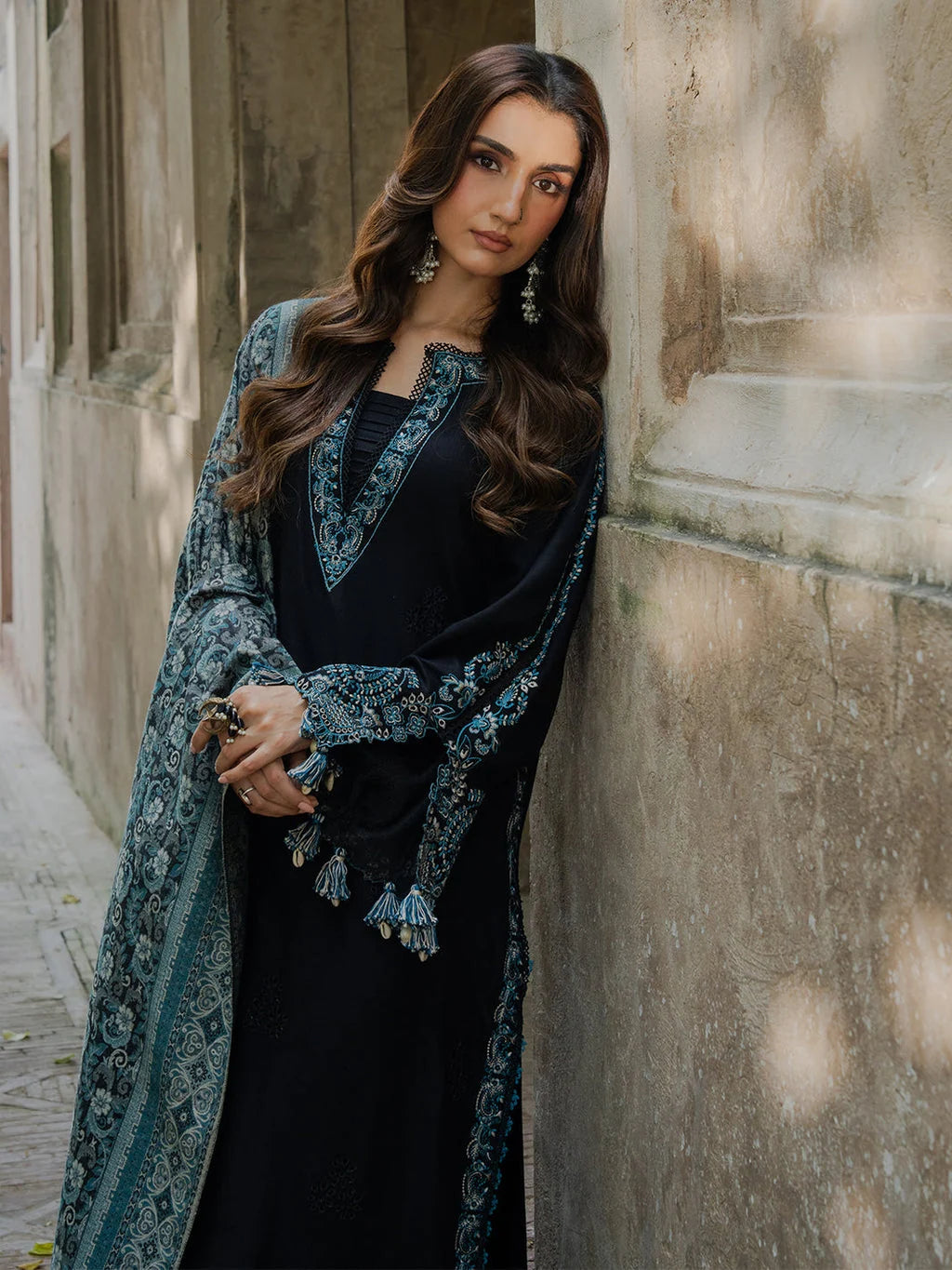 IZ-160 Unstitched Fully Embroidered Dhanak Suit With Printed Shawl