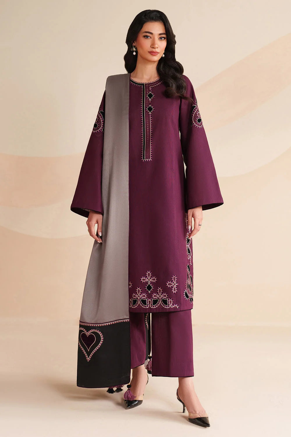 Unstitched Embroidered Dhanak Suit With Embroidered Dhanak Shawl