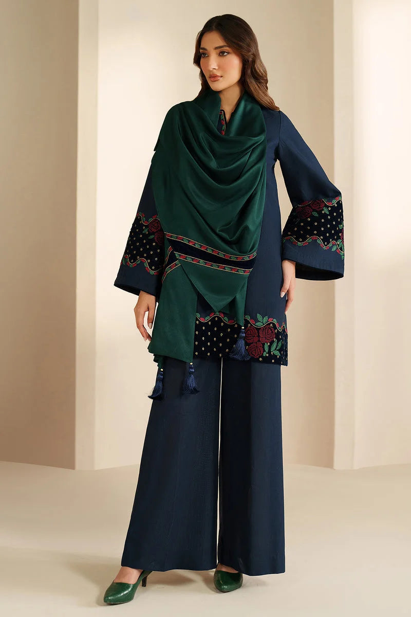 SP-155 Unstitched Fully Embroidered Dhanak Suit With Dhanak Shawl with Velvet Patch