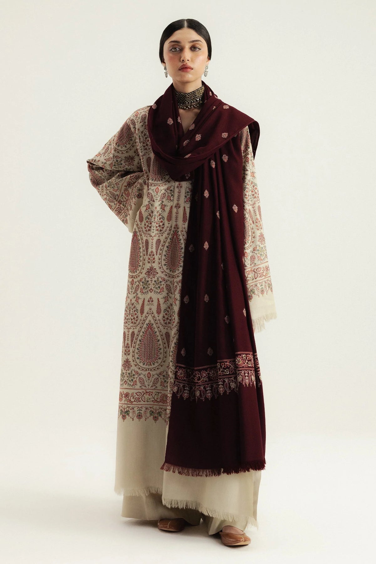 Unstitched Embroidered Dhanak Suit with Printed Blended Shawl