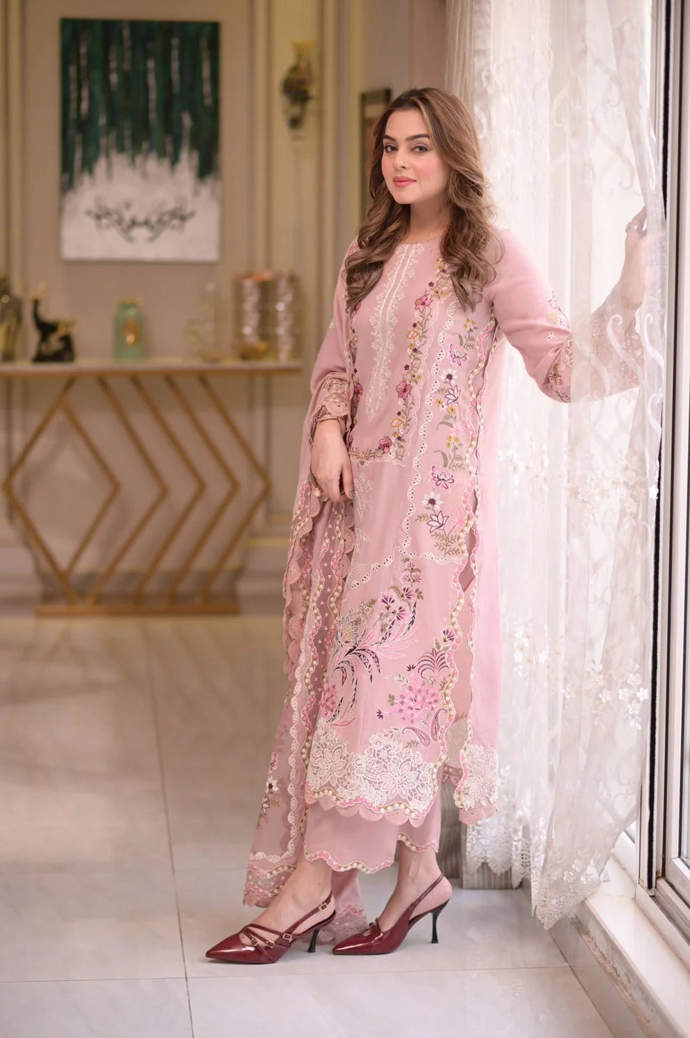 Aneela's Luxury Unstitched Dhanak Suit With Embroidered Dhanak Shawl(Ready To Wear)