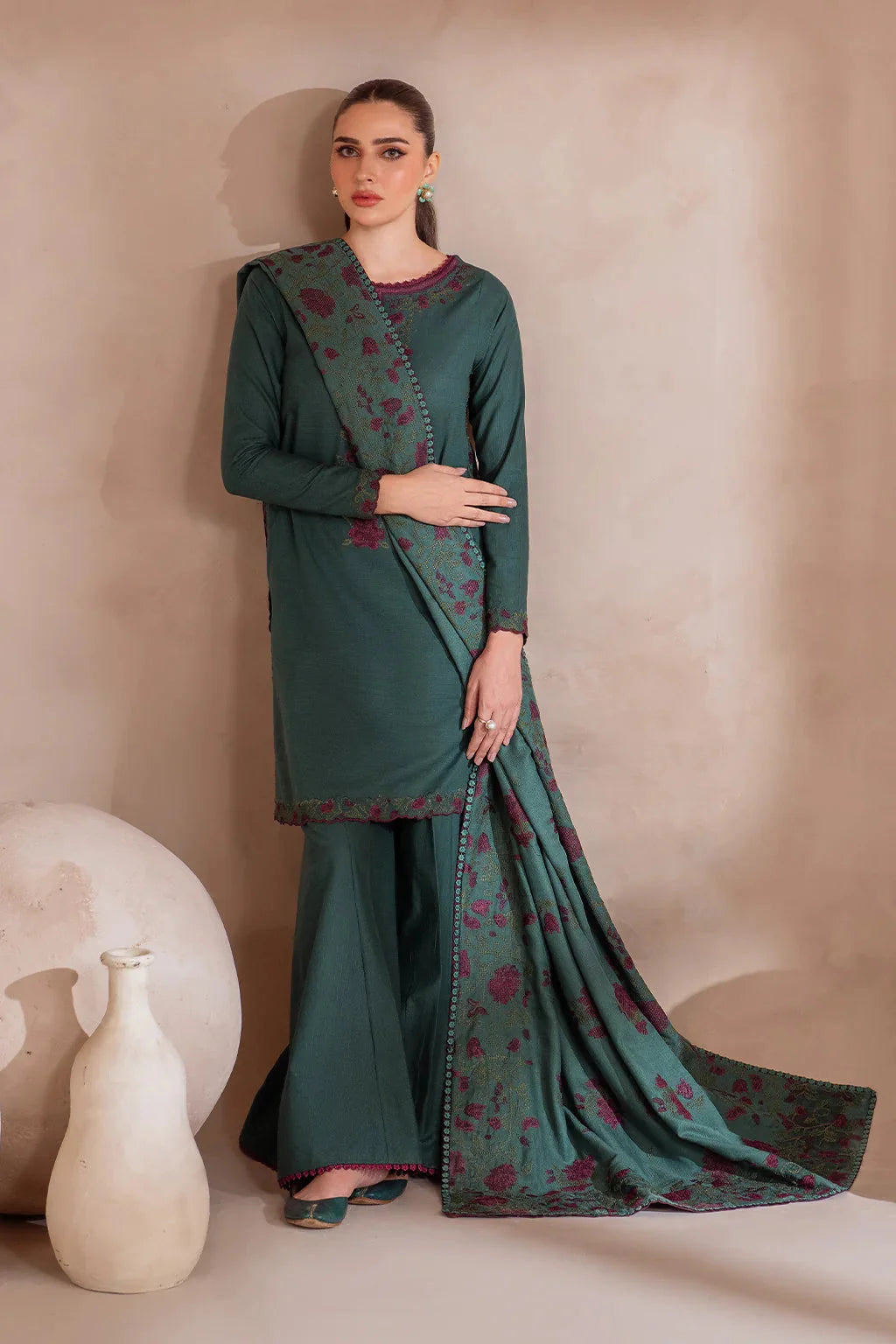IZ-2925 Unstitched Embroidered Dhanak Suit With Dhanak Embroidered Shawl