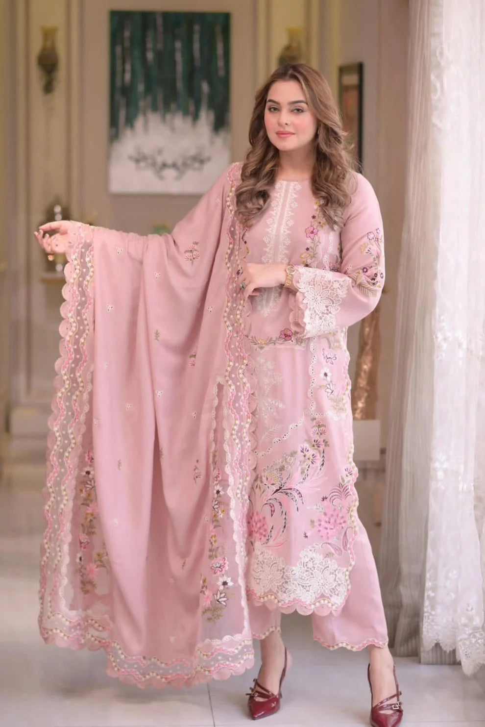 Aneela's Luxury Unstitched Dhanak Suit With Embroidered Dhanak Shawl(Ready To Wear)