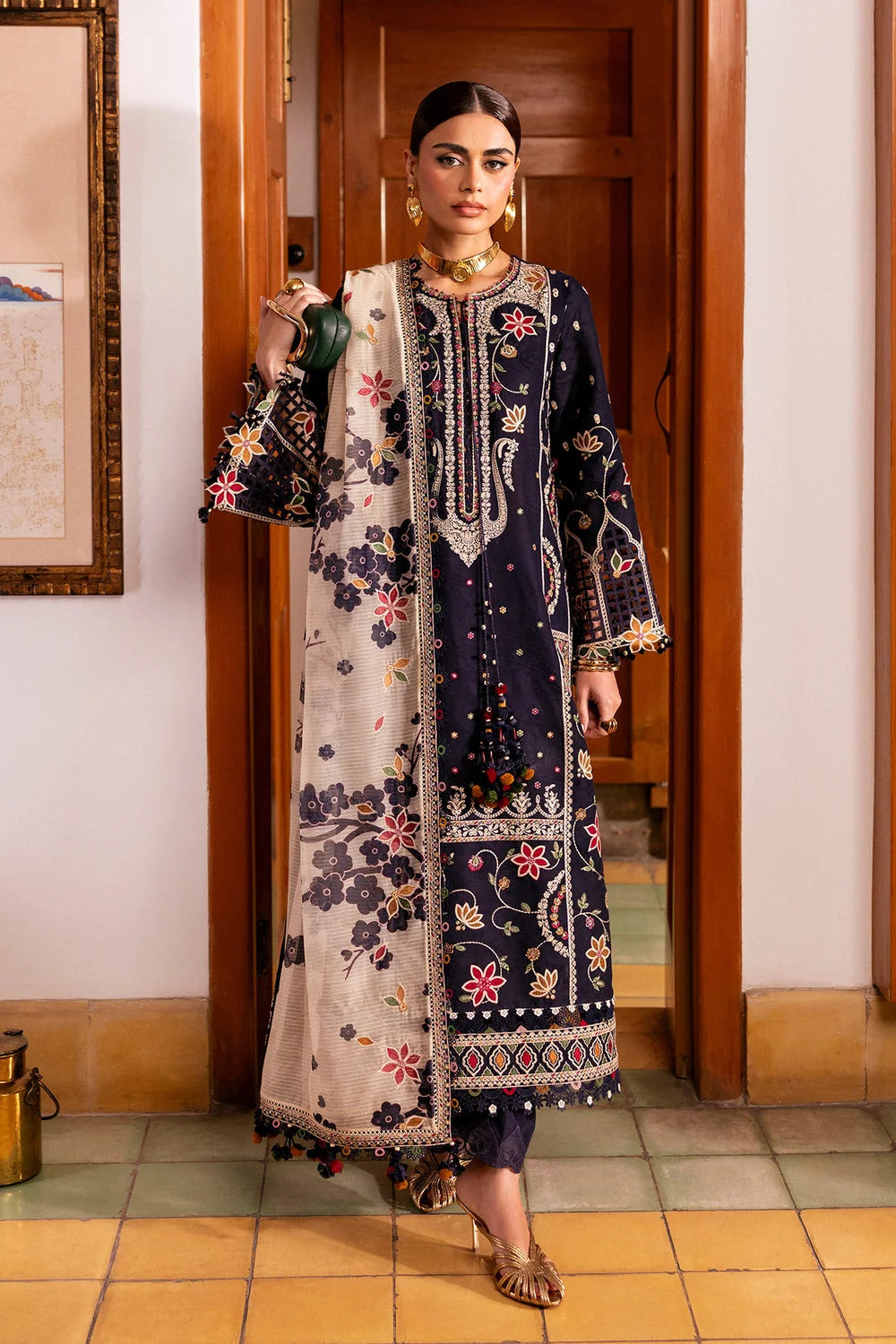 JZ-3140 Dhanak Unstitched Fully Embroidered Suit With Printed Blended Shawl