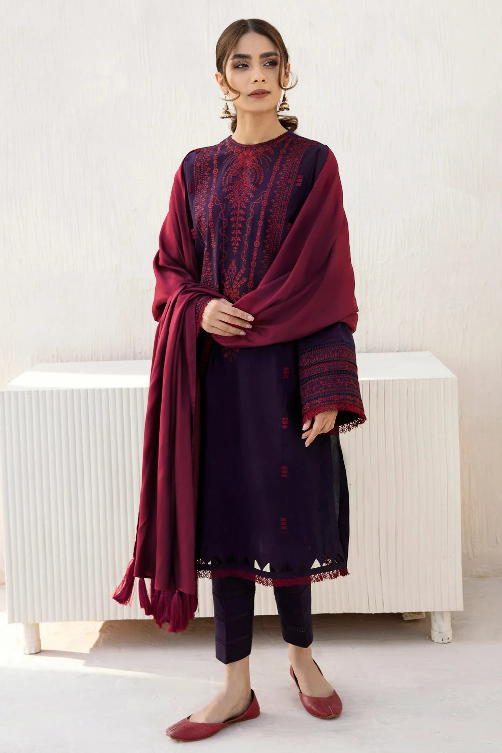 JZ-2910 Unstitched Embroidered Dhanak Suit With Plain Dhanak Shawl