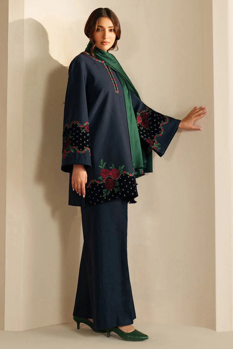 SP-155 Unstitched Fully Embroidered Dhanak Suit With Dhanak Shawl with Velvet Patch