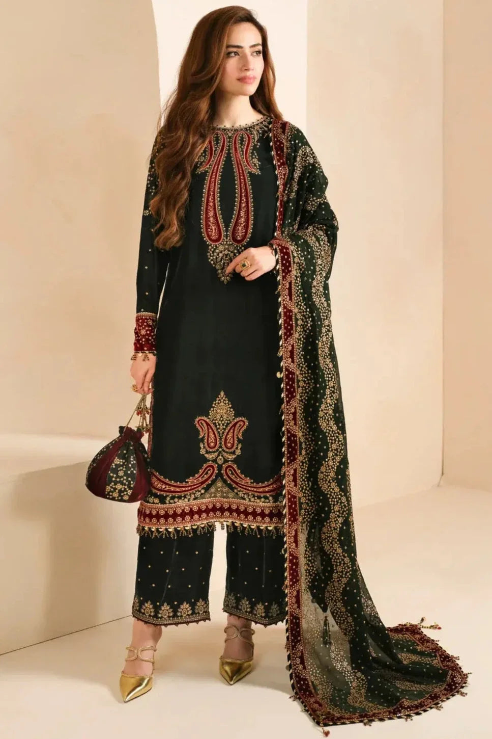 MBSR-999 Embroidered 9000 Micro Velvet 3Pc With Embroidered Chiffon Dupatta