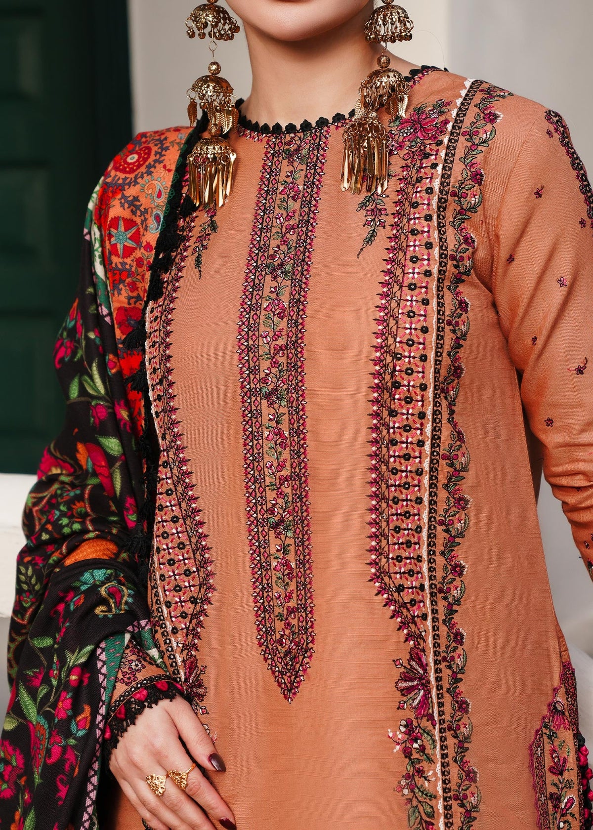 Unstitched Fully Embroidered Dhanak Suit With Printed Shawl