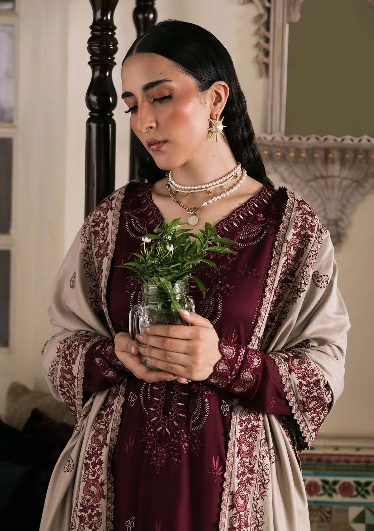 NR-2975 Unstitched Embroidered Dhanak Suit With Embroidered Dhanak Shawl
