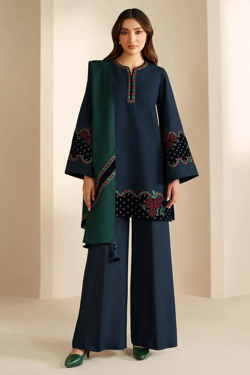 SP-155 Unstitched Fully Embroidered Dhanak Suit With Dhanak Shawl with Velvet Patch