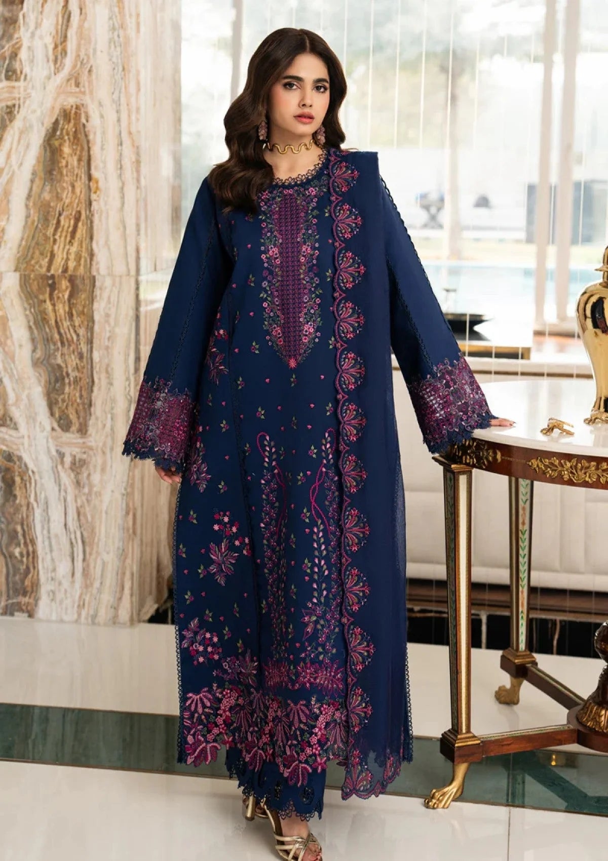 RR-2930 Unstitched Embroidered Dhanak Suit With Embroidered Dhanak Shawl