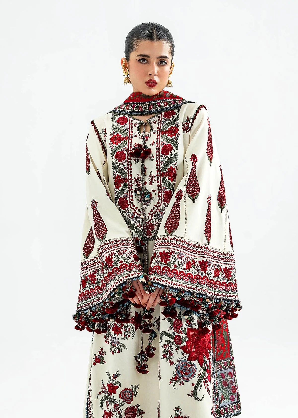HR-3145 Dhanak Unstitched Fully Embroidered Suit With Printed Blended Shawl
