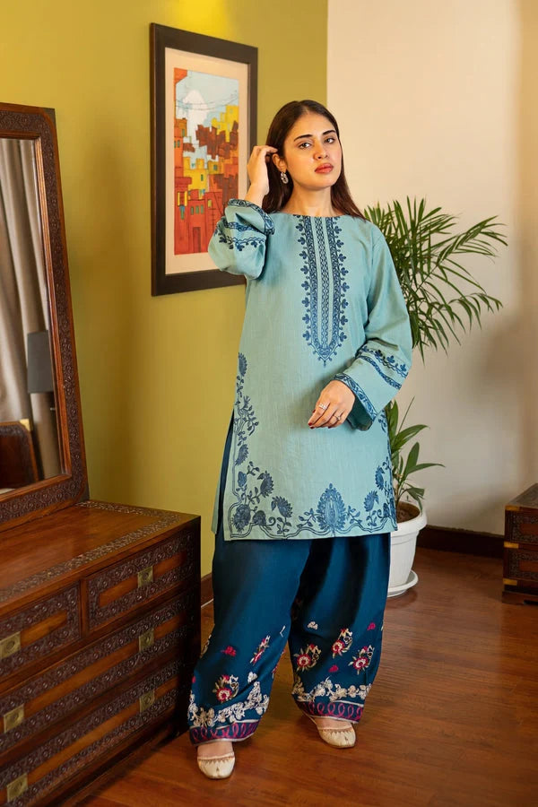 2 Piece - Unstitched Fully Embroidered Dhanak Suit With Embroidered Trouser