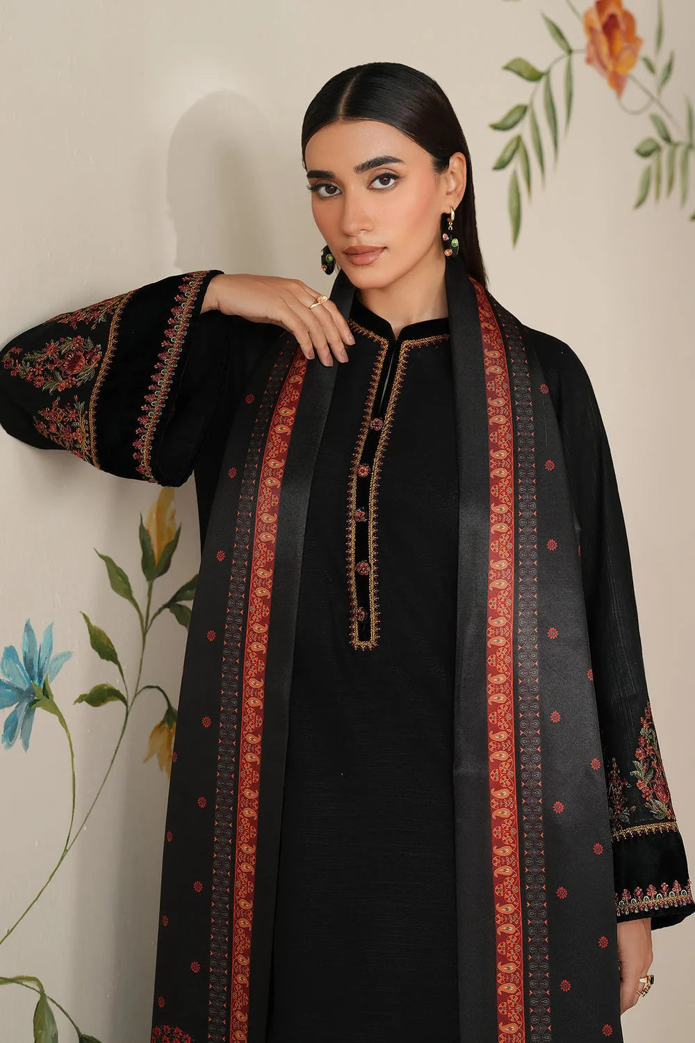 BQ-145 Unstitched Fully Embroidered Dhanak Suit With Printed Shawl