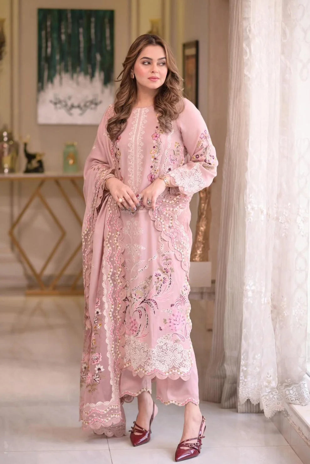 Aneela's Luxury Unstitched Dhanak Suit With Embroidered Dhanak Shawl(Ready To Wear)
