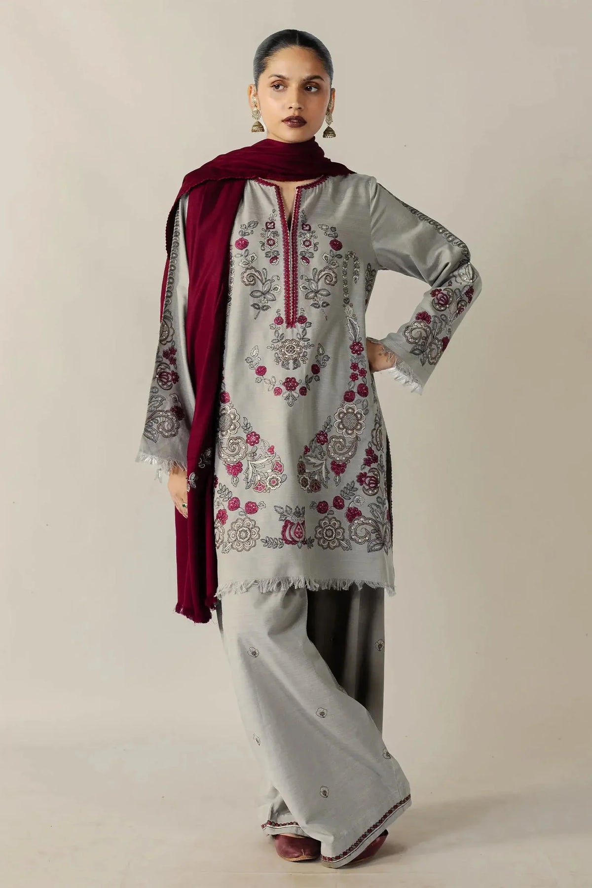 Unstitched Fully Embroidered Dhanak Suit With Embroidered Dhanak Shawl