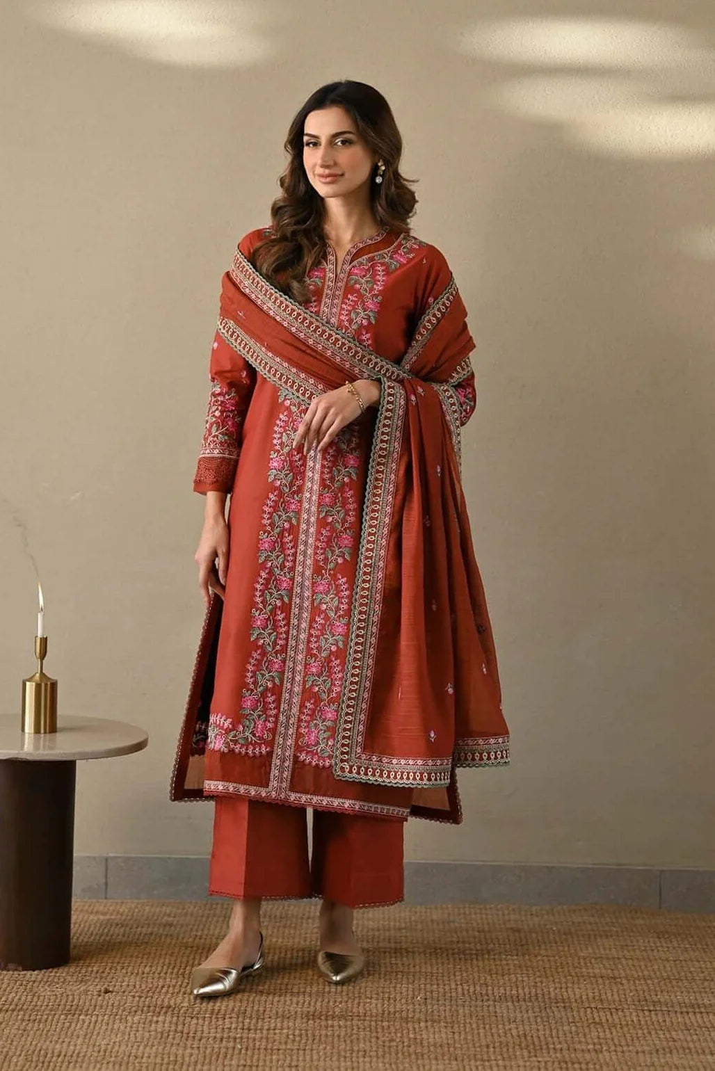 CO-3000 Unstitched Embroidered Dhanak Suit With Four-sided Embroidered Dhanak Shawl