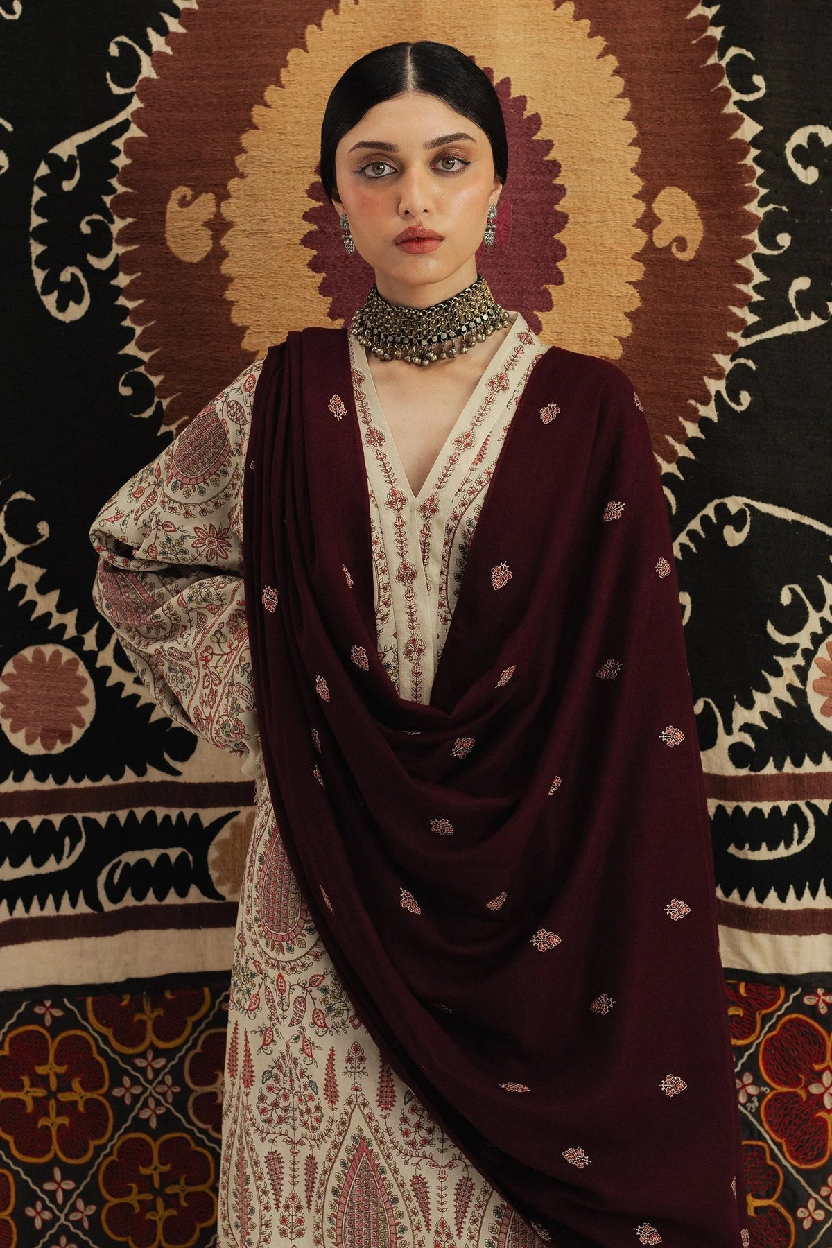 Unstitched Embroidered Dhanak Suit with Printed Blended Shawl