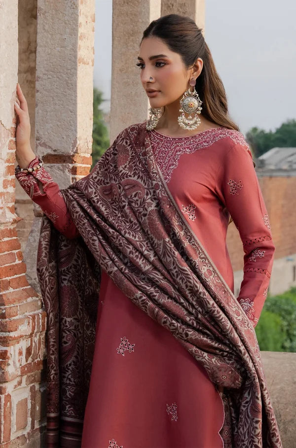 IZ-3070 Dhanak Unstitched Fully Embroidered Suit with Printed Blended Shawl
