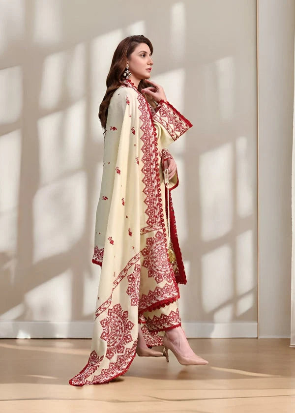 Unstitched Fully Embroidered Dhanak Suit With Embroidered Dhanak Shawl