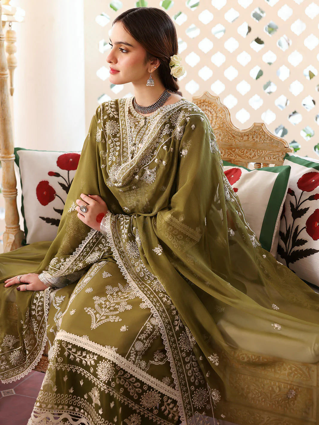 MR-590 Unstitched Heavy Embroidered Lawn Suit With Embroidered Chiffon Dupatta