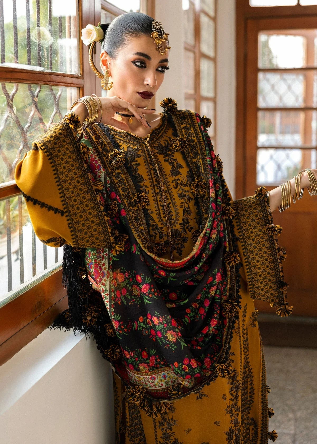 HR-3045 Piece Unstitched Embroidered Dhanak Suit With Digital Printed Shawl