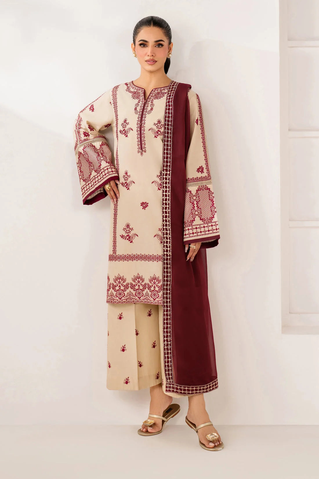 BQ-2950 Unstitched Heavy Embroidered Dhanak Suit With Embroidered Dhanak Shawl