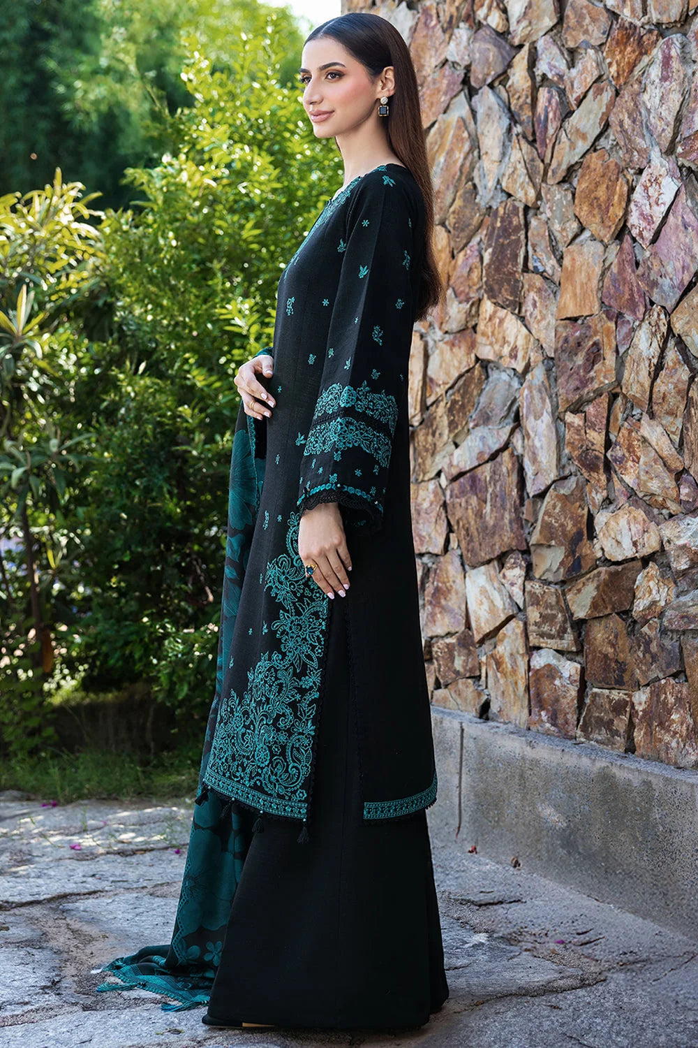 BQ-150 Unstitched Fully Embroidered Dhanak Suit With Printed Shawl