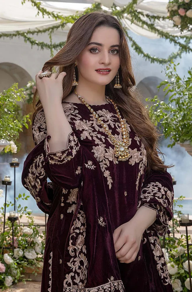 MB-1065 Sequence Embroidered Micro 9000 Gram Velvet 3Pc With Velvet Embroidered Shawl
