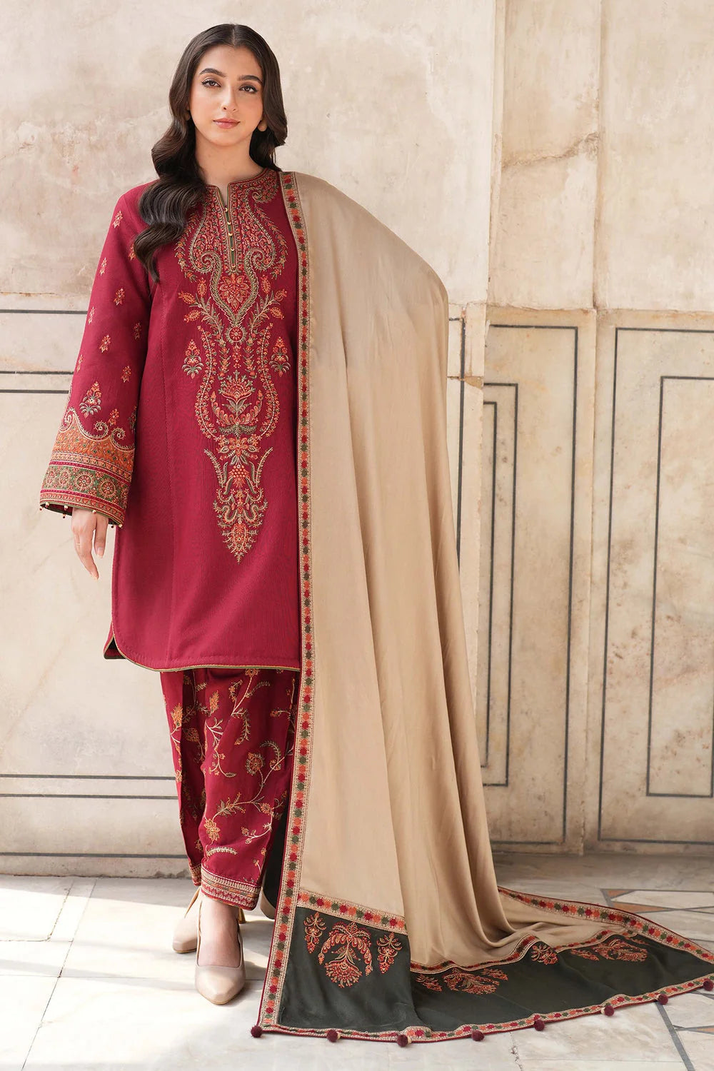 JZ-3100 Unstitched Fully Embroidered Dhanak Suit With Embroidered Dhanak Shawl